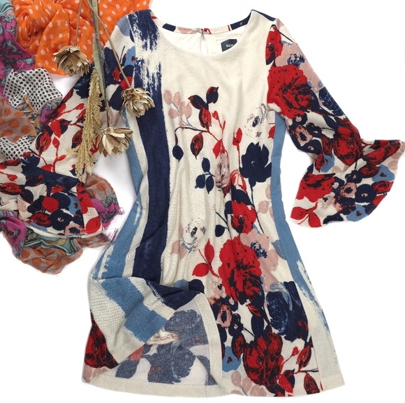Maeve Anthropologie Blue Cream Floral Dress Sz L - Picture 1 of 13